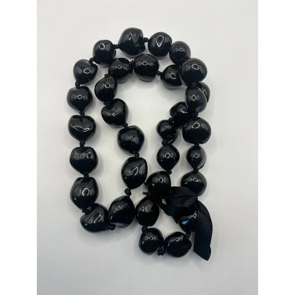 Kukui Nut Lei Necklace Black Polished Ribbon Tie Island Lightweight‎ Hawaiian